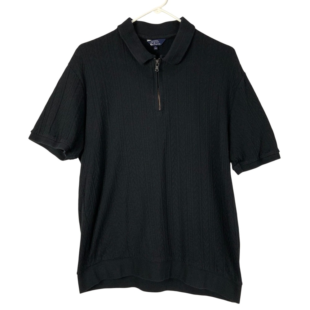 Ben Sherman Black Cable Knit Polo Large Quarter Zip Collared Short Sleeve Cotton